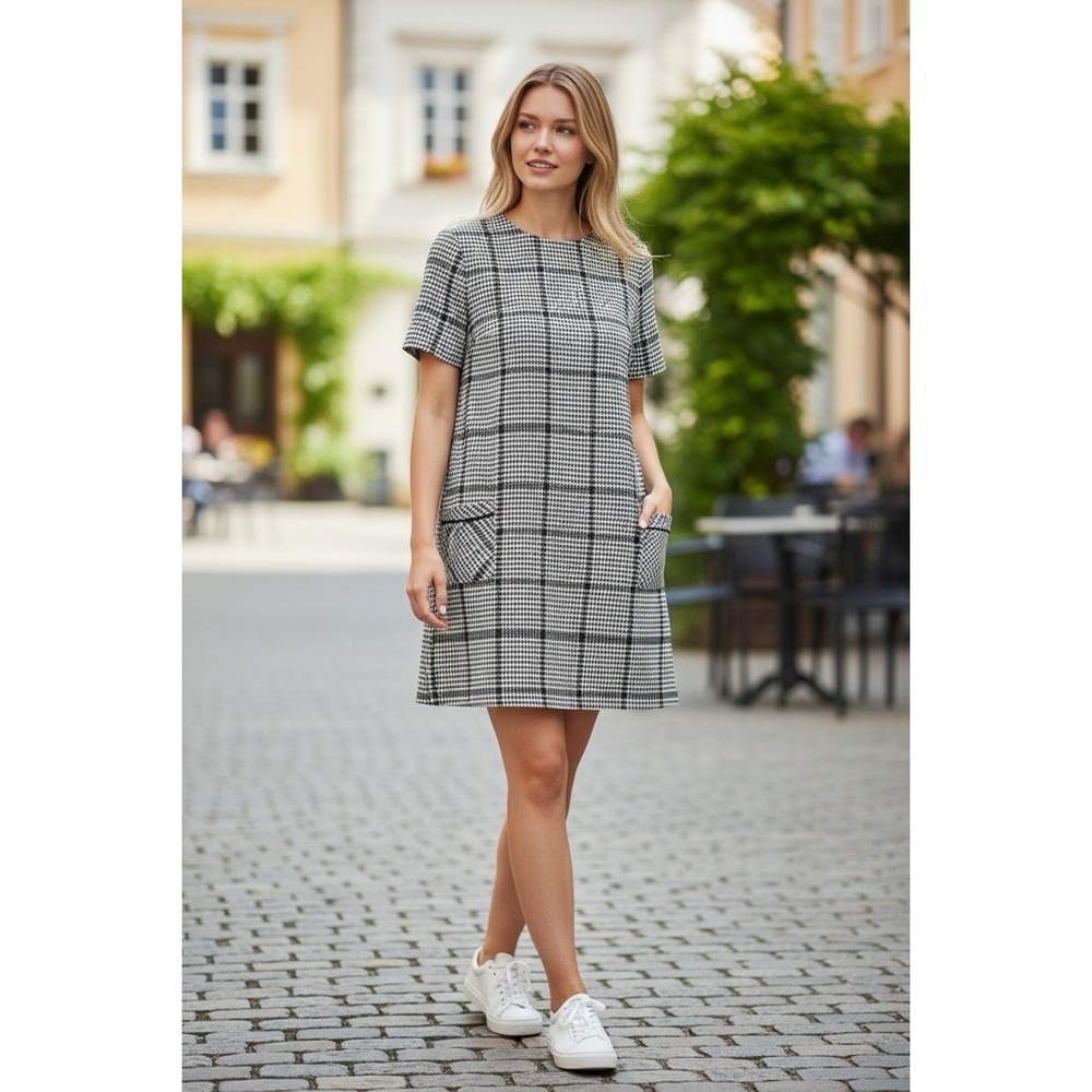 Dorothy Perkins Women's Black White Plaid Midi Shift Dress With Pockets Size 6